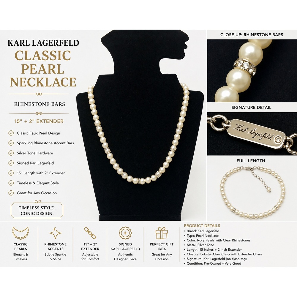 Karl Lagerfeld Classic Pearl Necklace Rhinestone Bars Silver Tone 15in + 2in Ext